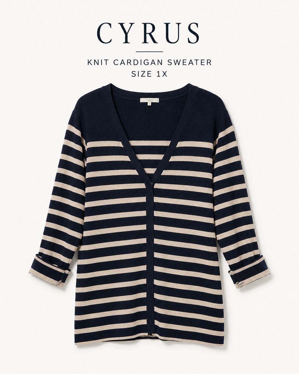 Cyrus Striped V Neck Cardigan Navy Beige Knit Sweater Plus Size 1X Classic